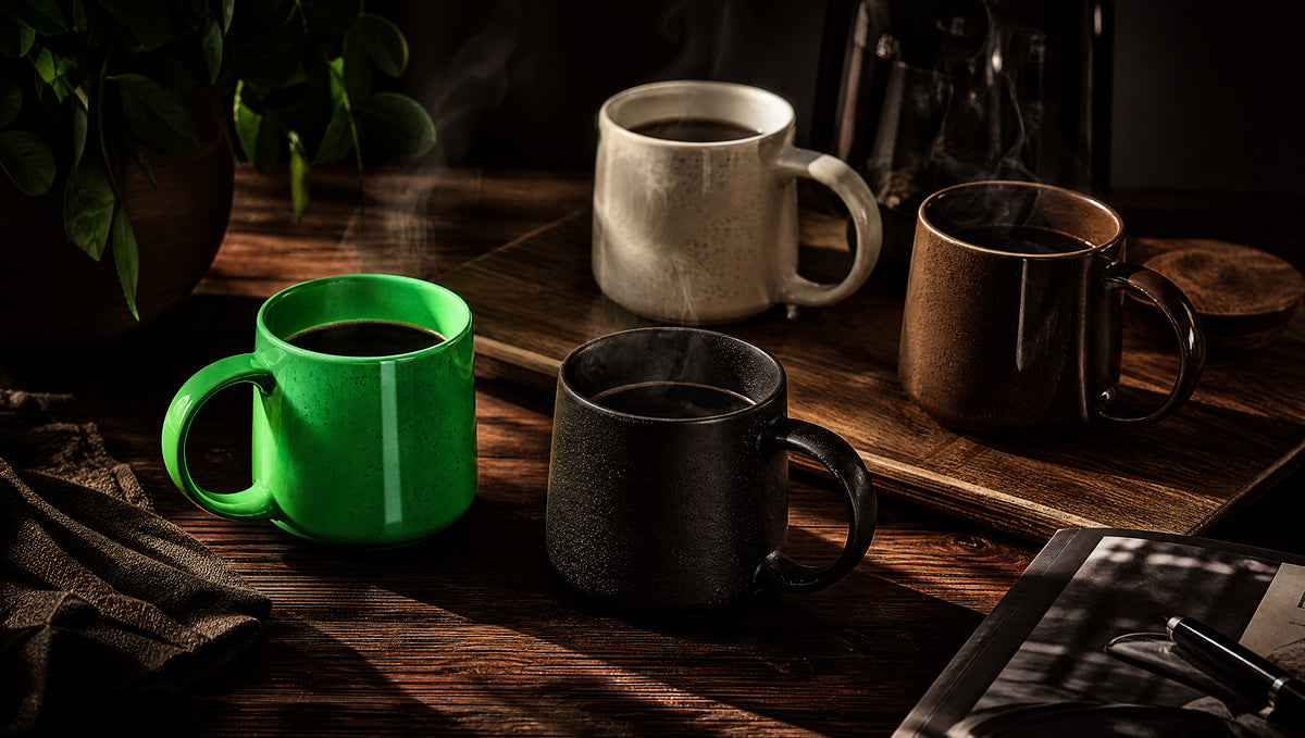 KlareAnsage Tassen-Kollektion – stilvolle Kaffeetassen auf dunklem Holztisch