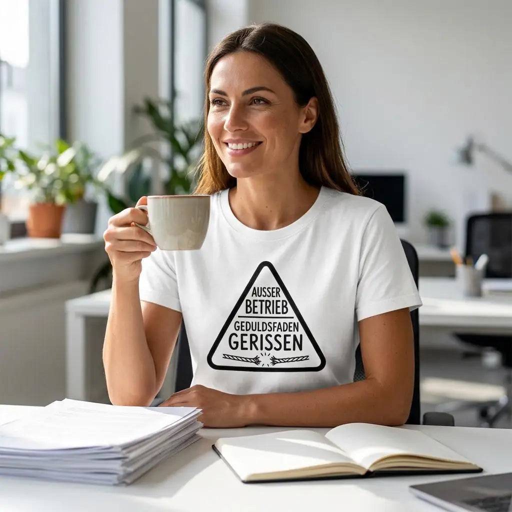 Frau trägt weißes T-Shirt mit Warndreieck-Print „Außer Betrieb – Geduldsfaden gerissen“ und Kaffeetasse