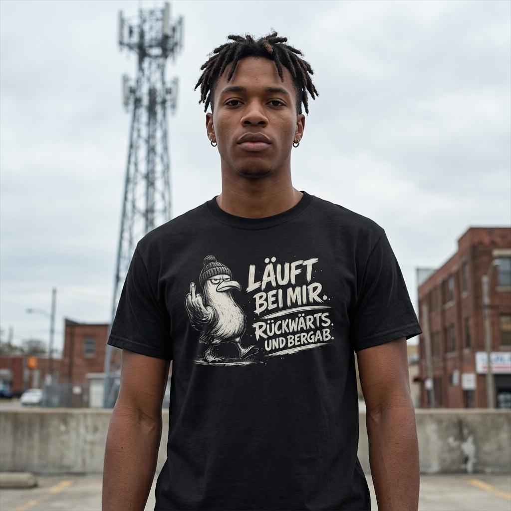 Mann trägt schwarzes T-Shirt mit Möwen-Print „Läuft bei mir. Rückwärts. Und bergab.“ auf einem Parkdeck vor Sendemast.