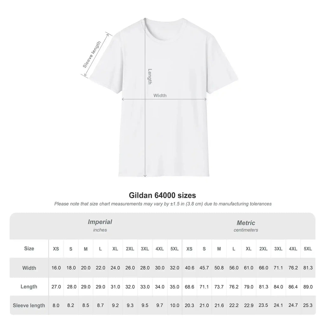 Größentabelle für das Gildan-64000-T-Shirt mit Maßangaben in Zoll und Zentimetern für die Größen XS bis 5XL.