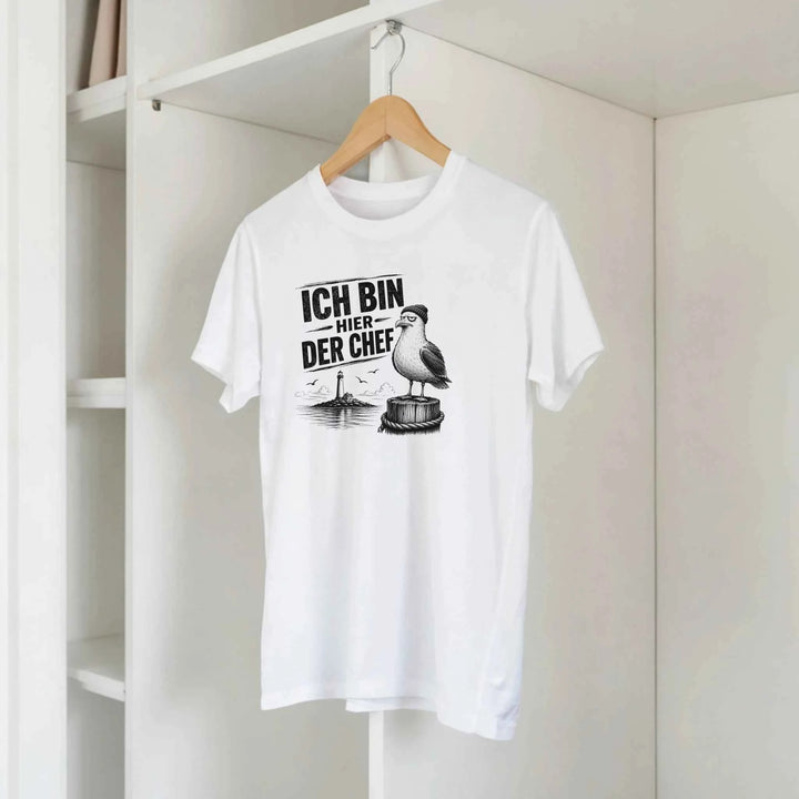T-Shirt mit Möwe auf Poller und Spruch &
