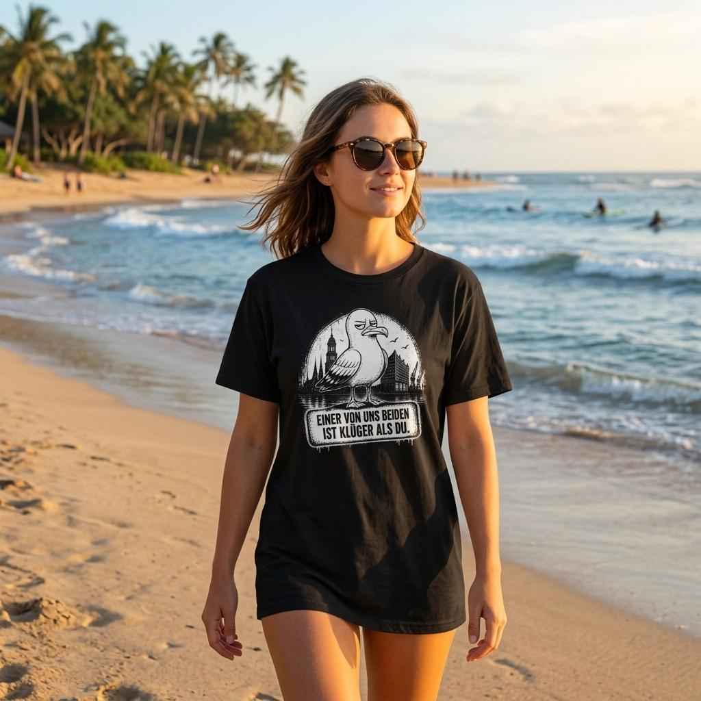 Frau im schwarzen T-Shirt mit Möwe und Hamburg-Skyline spaziert bei Sonnenuntergang am Strand.