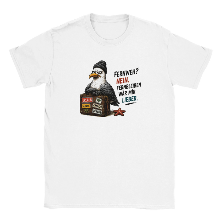 Flatlay: weißes T-Shirt mit grimmiger Möwe auf Koffer und Spruch &