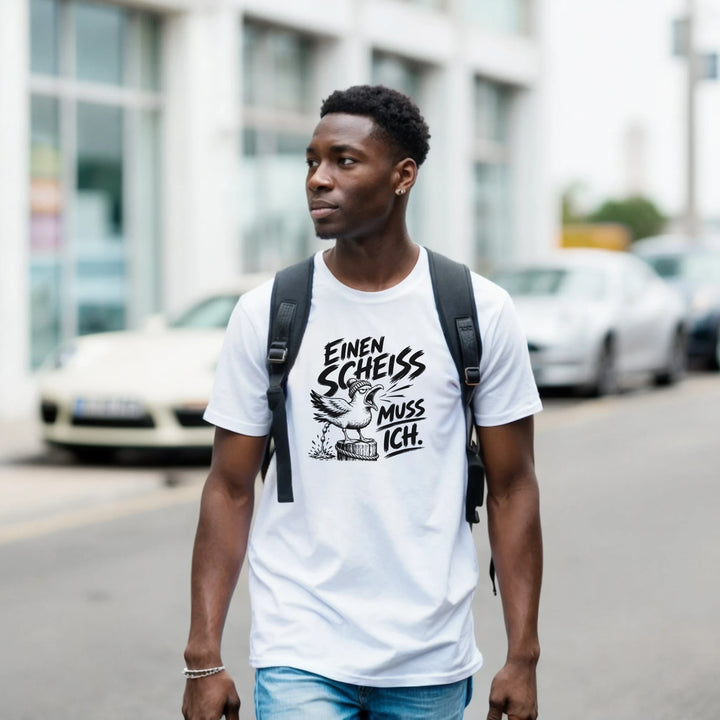 Mann mit Rucksack trägt das T-Shirt &
