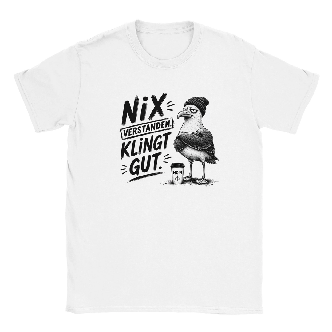 Flatlay des weißen T-Shirts mit grummeliger Möwe und Spruch Nix verstanden Klingt gut