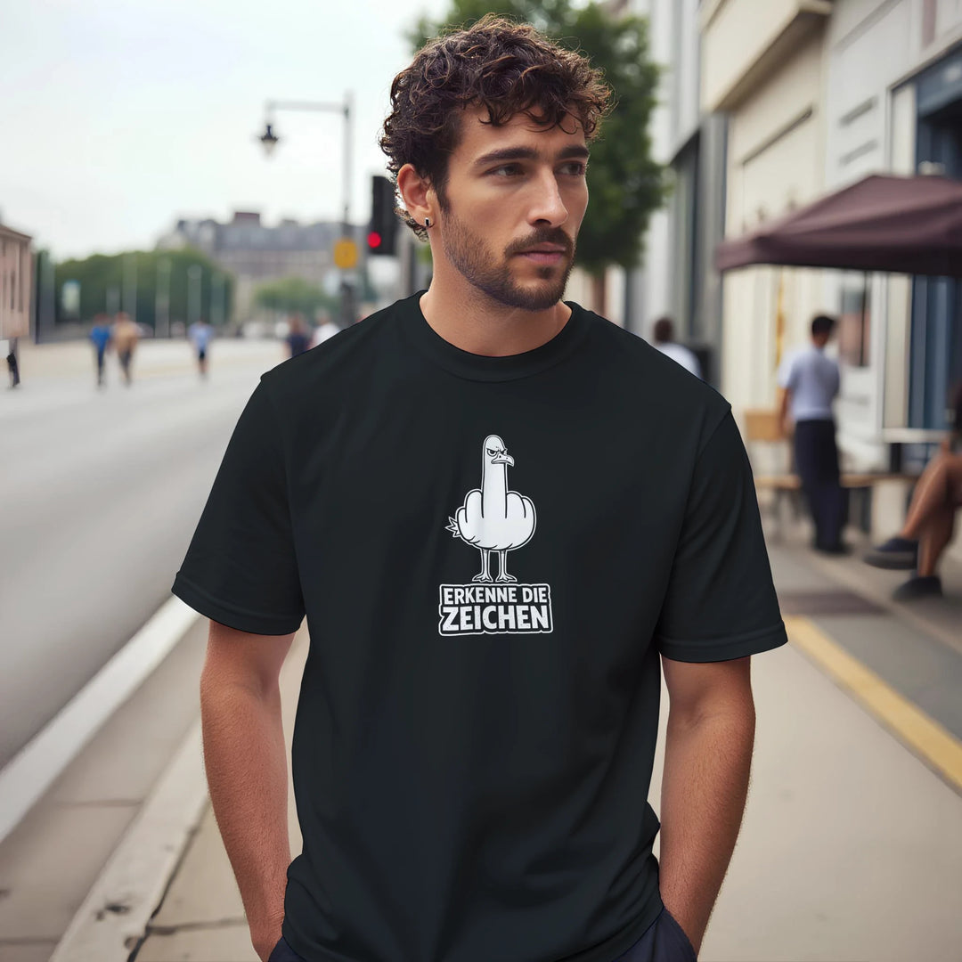 Mann mit lockigem Haar und Bart trägt das schwarze T-Shirt in einer Straßenszene, Möwen-Stinkefinger-Print vorne.