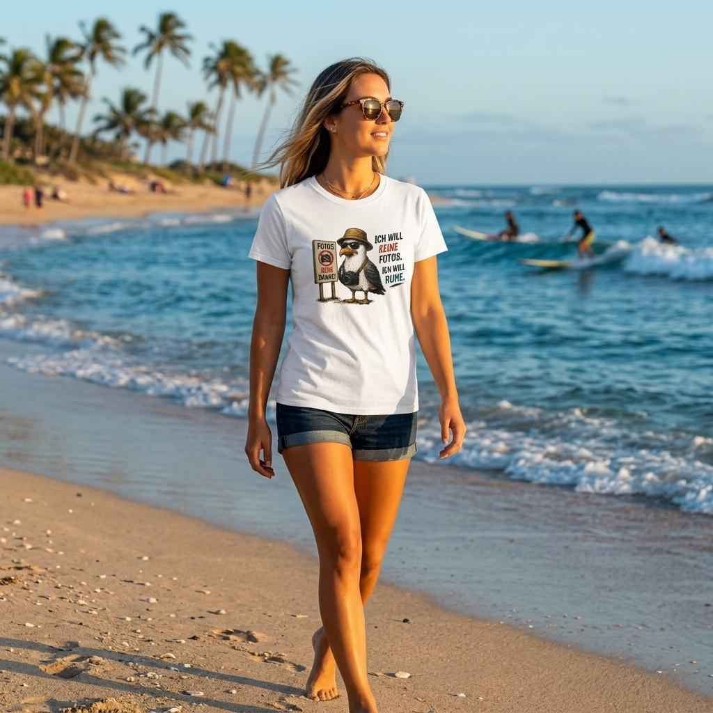 Weißes T-Shirt 'Ich will keine Fotos. Ich will Ruhe.': Frau spaziert am Strand, Surfer im Hintergrund.