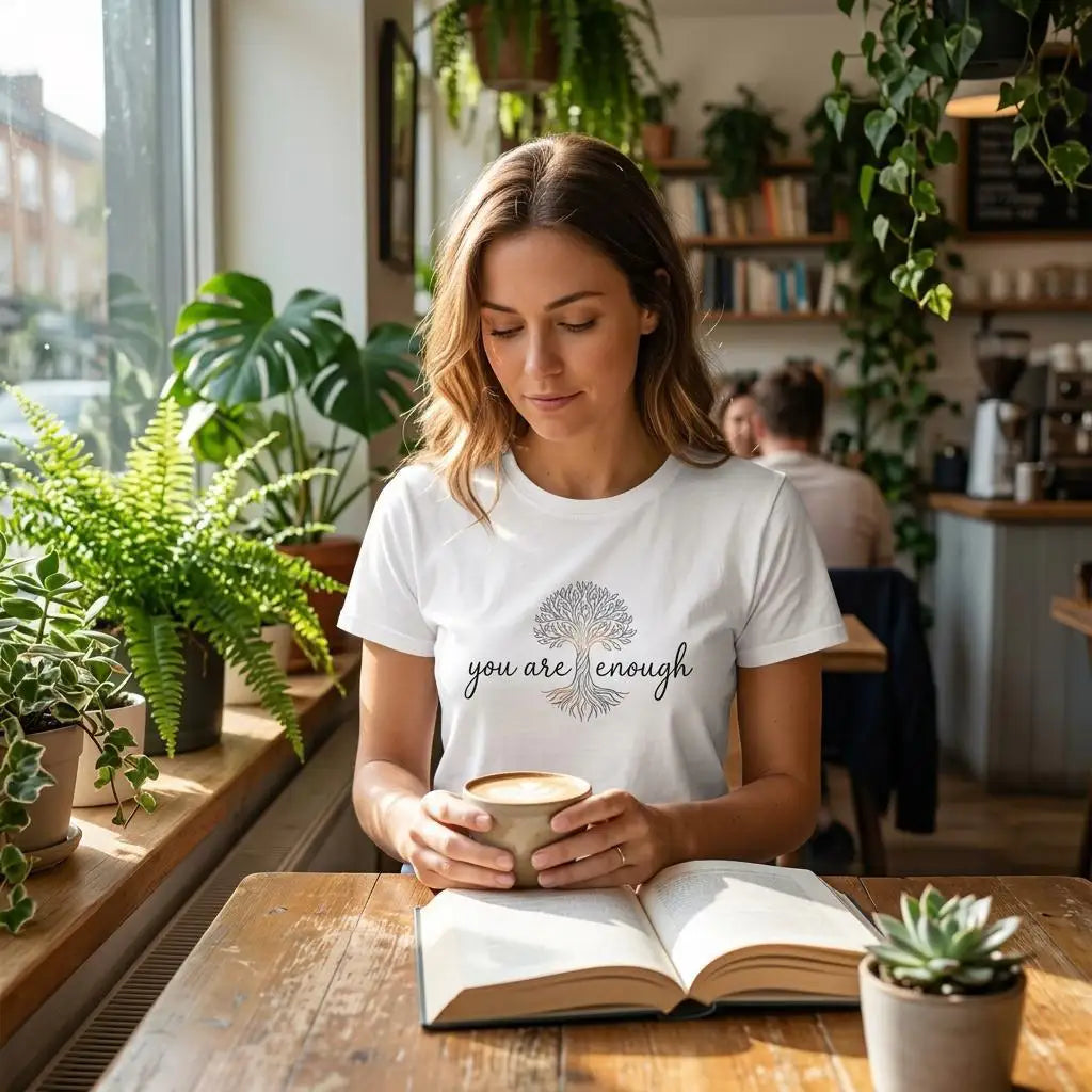 Frau mit Kaffeetasse trägt weißes T-Shirt mit Lebensbaum-Print 'you are enough' in sonnigem Café, sitzt am Holztisch