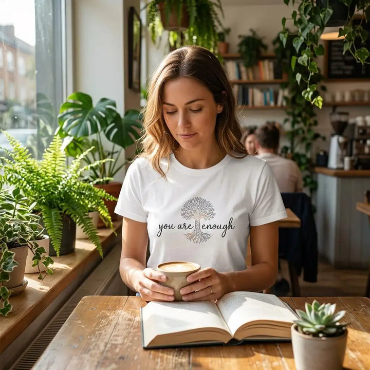 Frau mit Kaffeetasse trägt weißes T-Shirt mit Lebensbaum-Print &