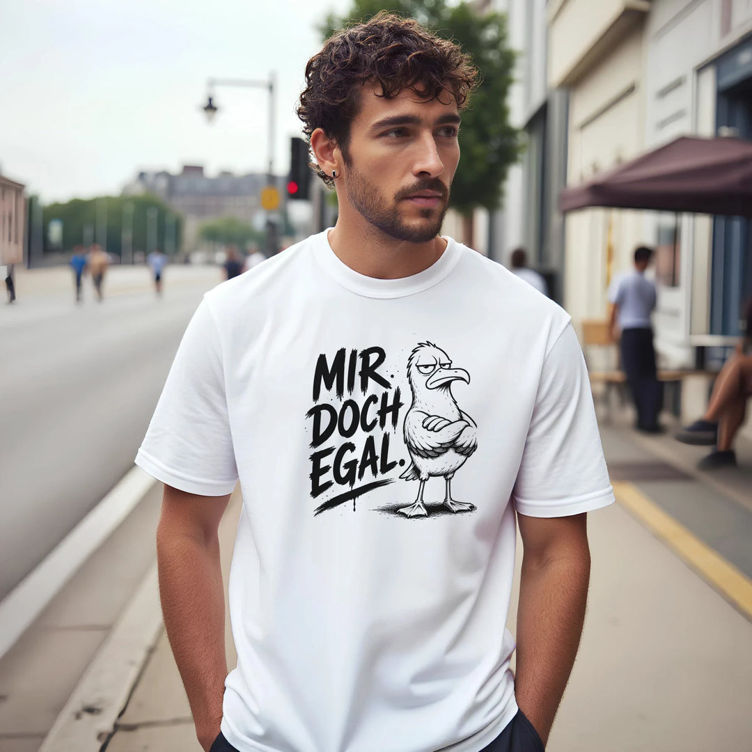 Mann mit lockigem Haar auf dem Gehsteig einer Stadtstraße, weißes T-Shirt mit Spruch-Print