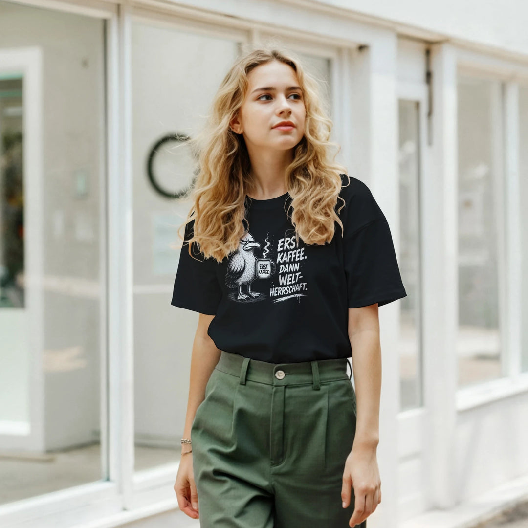 Frau in grüner Hose und schwarzem Möwen-Shirt vor Schaufenstern stehend