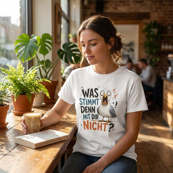 Frau mit Kaffeetasse trägt weißes T-Shirt mit Möwen-Print im Café, sitzt am Holztisch mit Buch