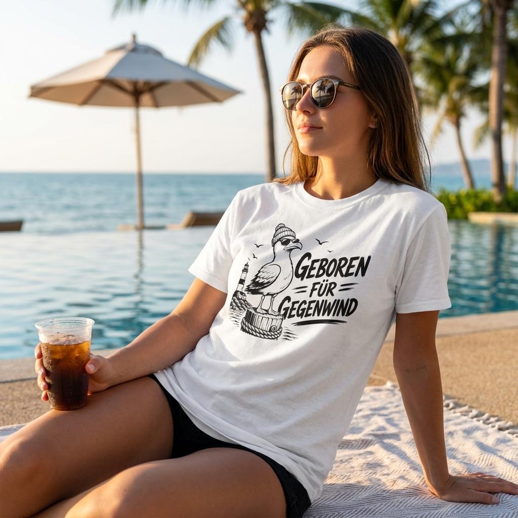 Frau mit Sonnenbrille am Pool trägt T-Shirt mit Möwen-Design