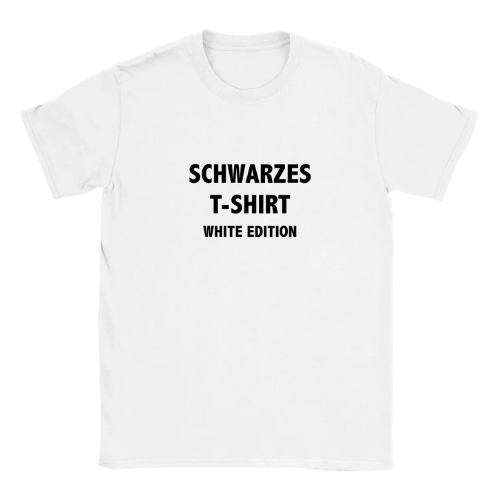 Weißes T-Shirt flach ausgebreitet vor grauem Hintergrund, Vorderansicht mit Print