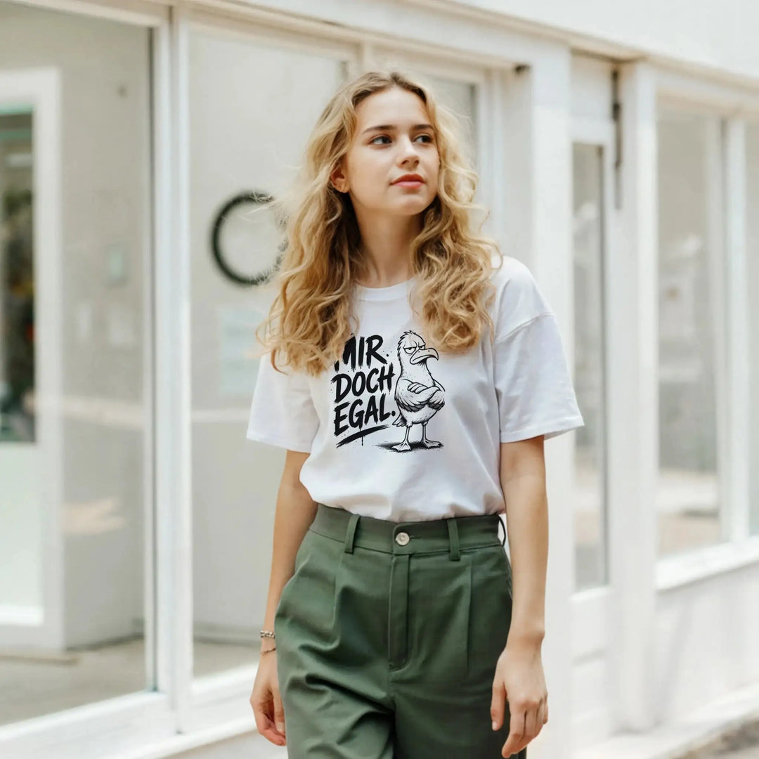 Junge Frau in grüner Hose vor Schaufenster, weißes T-Shirt mit Spruch-Print