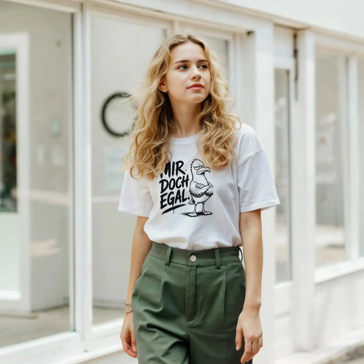 Junge Frau in grüner Hose vor Schaufenster, weißes T-Shirt mit Spruch-Print