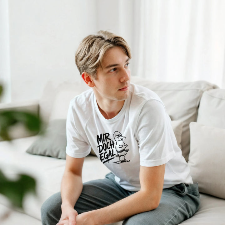Junger Mann sitzt entspannt auf dem Sofa zuhause, weißes T-Shirt mit Spruch-Print