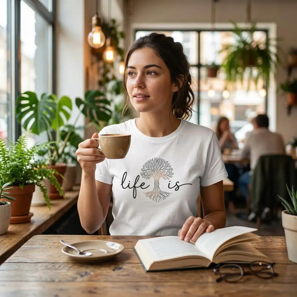 Frau mit Kaffeetasse trägt weißes T-Shirt mit Lebensbaum-Print 'life is' in einem Café, sitzt am Holztisch mit Buch