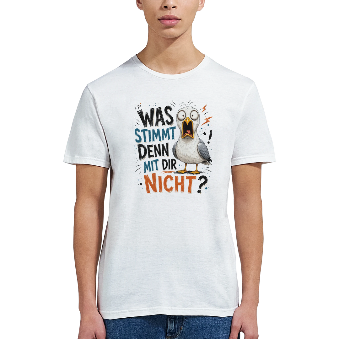 Nahaufnahme eines Mannes im weißen T-Shirt mit schockierter Möwe und Spruch &
