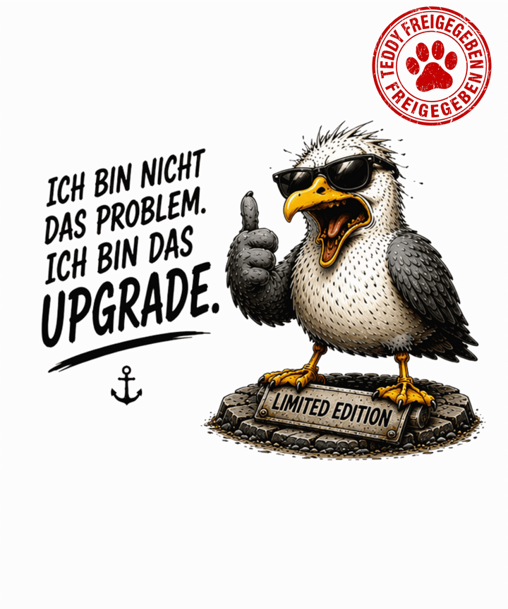 Nahaufnahme des Möwen-Prints auf dem weißen T-Shirt, von einer lächelnden Frau am Fenster getragen