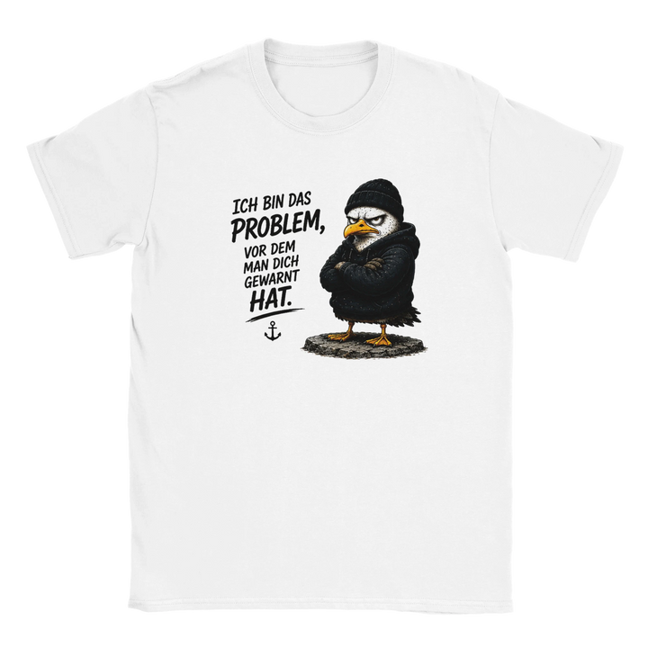 Flatlay des T-Shirts mit vermummtem Vogel und Spruch &