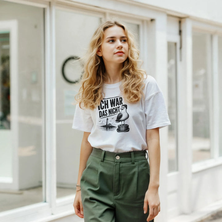 Frau mit lockigem blondem Haar trägt das Möwen-Shirt bei einem Stadtspaziergang in grüner Hose