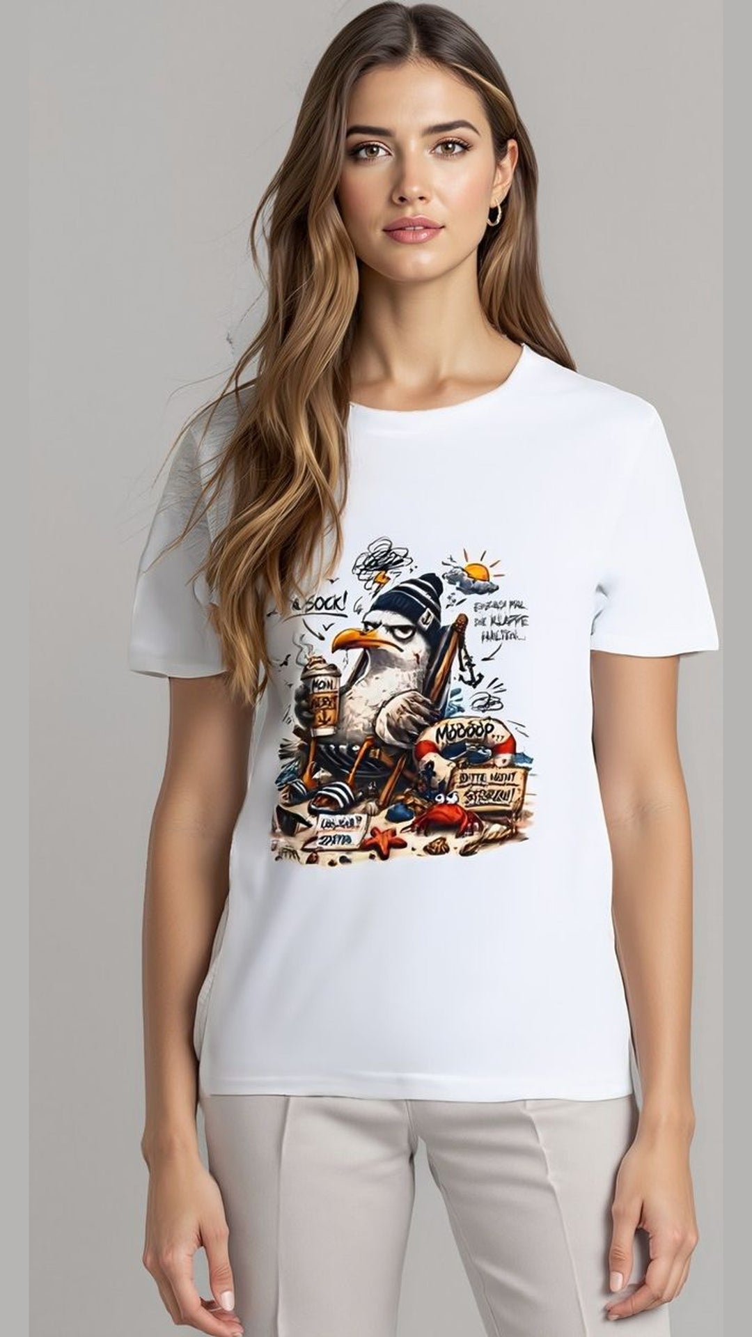 Weißes T-Shirt mit Möwen-Comic und Spruch „Heute kein Bock!“, Nahaufnahme am Model vor grauem Hintergrund