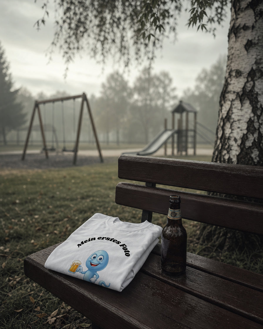 Zusammengelegtes „Mein erstes Foto“ T-Shirt auf Parkbank neben Bierflasche