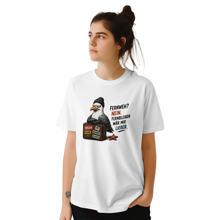 Nahaufnahme des weißen Möwen-Shirts am weiblichen Model im Studio, Spruch &