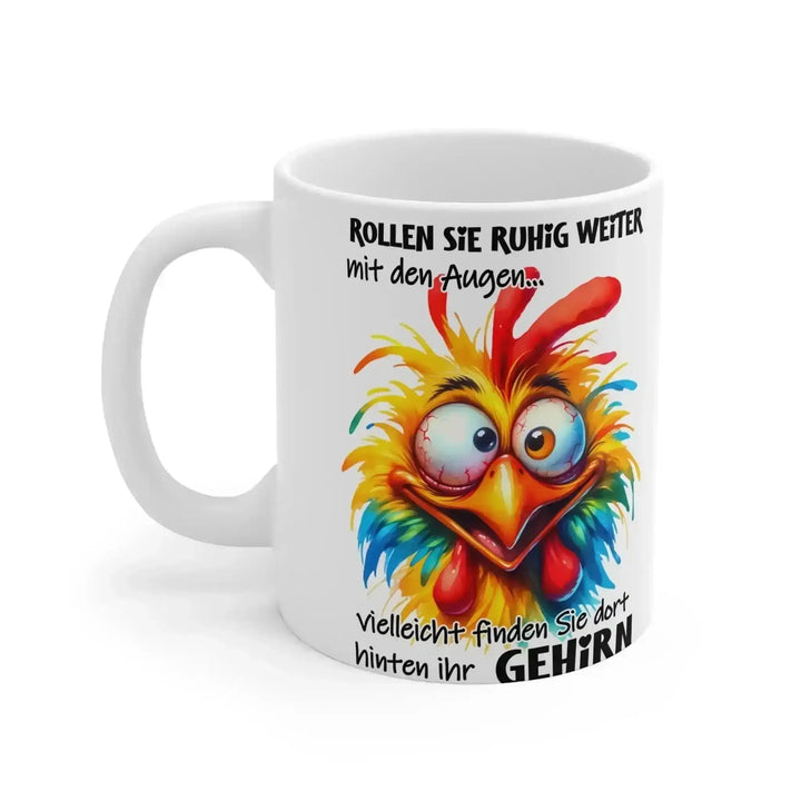 Augenrollen-Tasse freigestellt in leicht gedrehter 3/4-Ansicht vor weißem Hintergrund