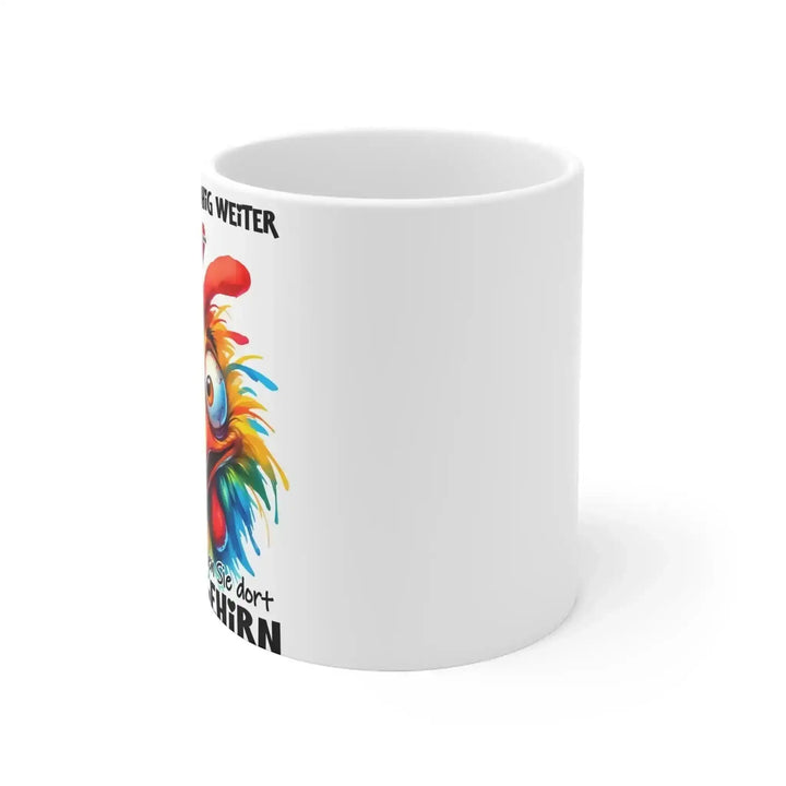 Nahaufnahme der Augenrollen-Tasse von der Rückseite, Aufdruck nur am linken Bildrand angeschnitten