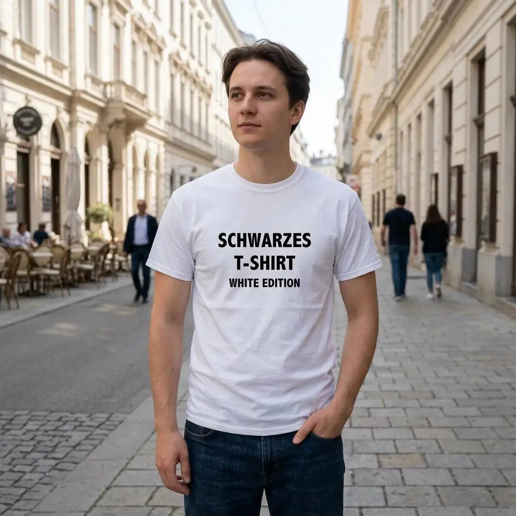 Mann in weißem T-Shirt mit Aufdruck 'Schwarzes T-Shirt White Edition' in europäischer Altstadtgasse