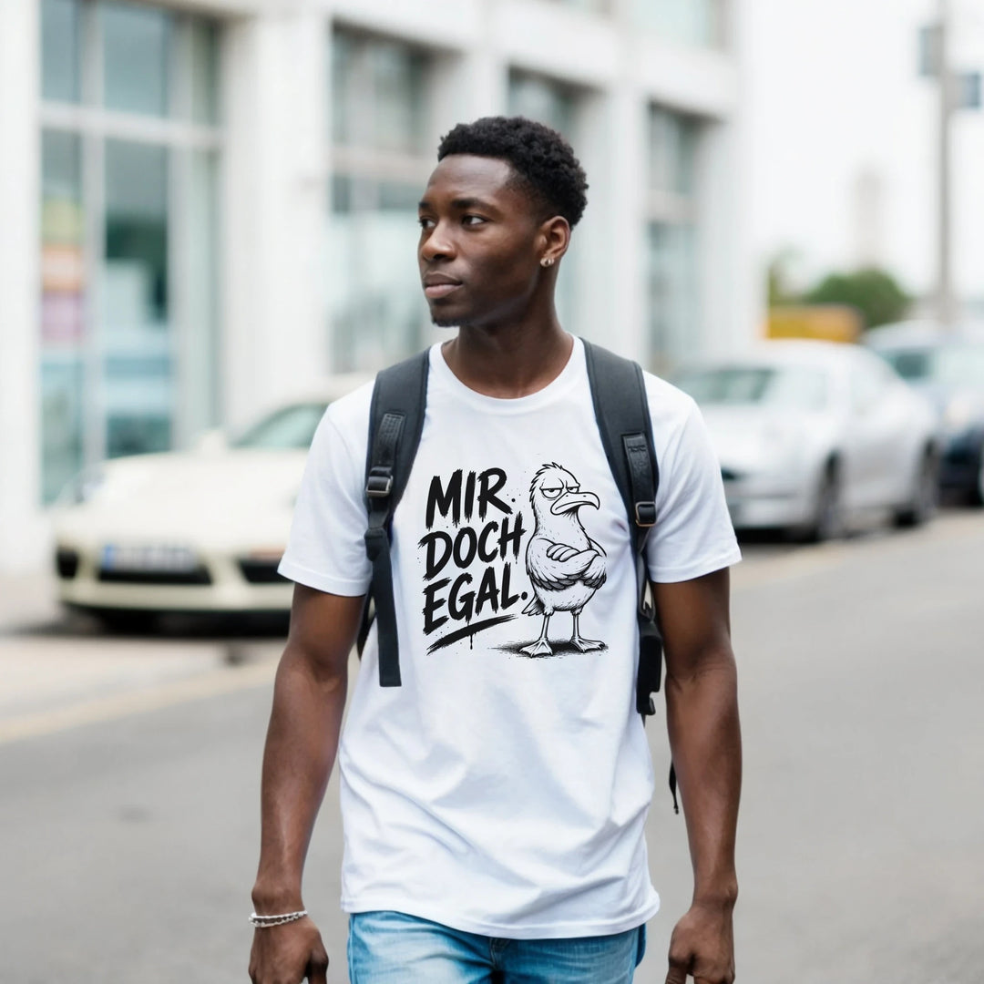 Mann mit Rucksack auf der Straße trägt weißes T-Shirt mit Möwen-Print