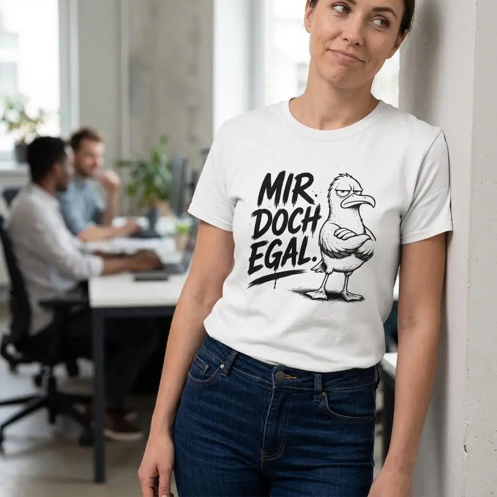 Frau lehnt genervt an einer Wand im Büro, weißes T-Shirt mit Spruch „Mir. Doch. Egal.“ und trotziger Möwe
