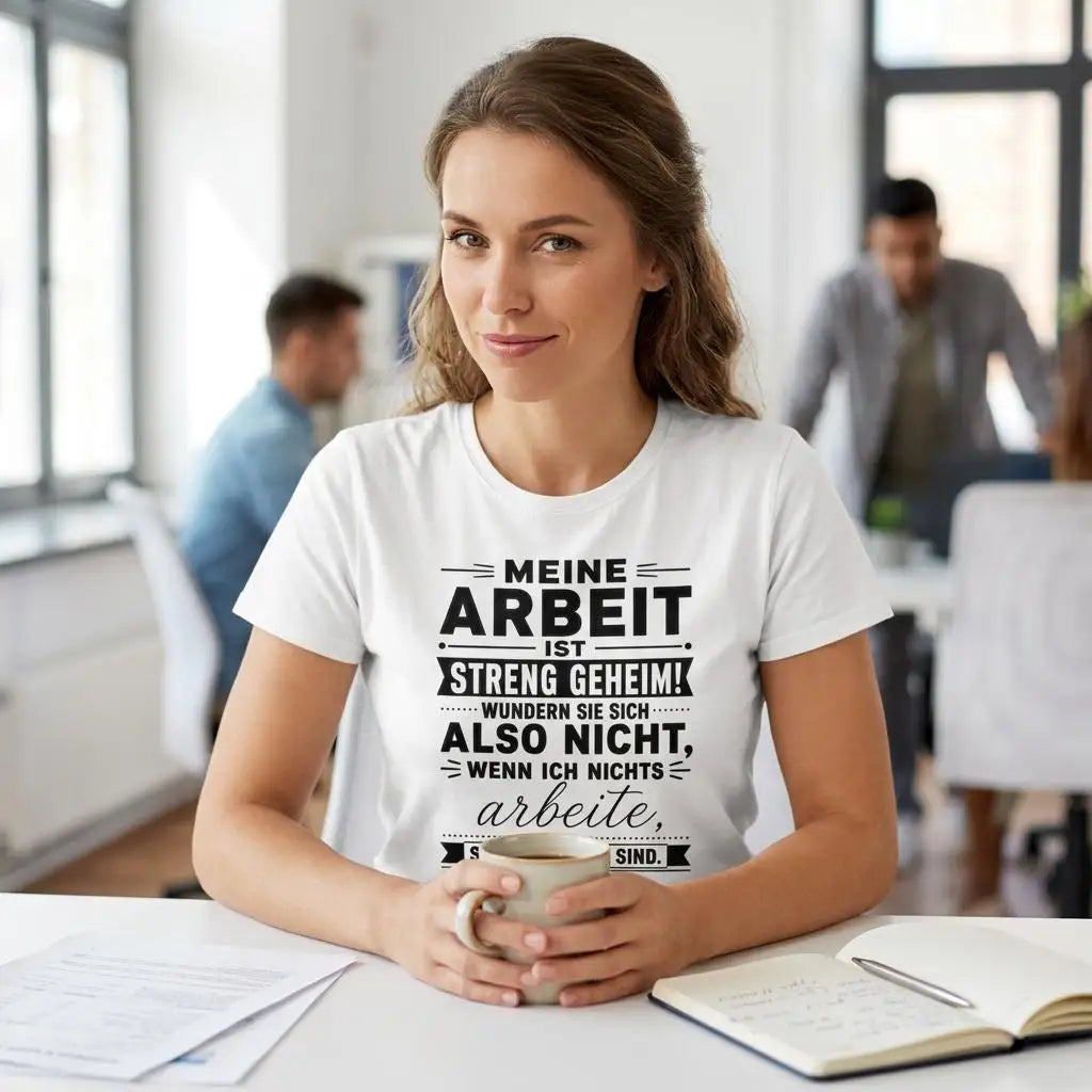 Frau im Büro mit Kaffeetasse trägt weißes „Meine Arbeit ist streng geheim“ T-Shirt