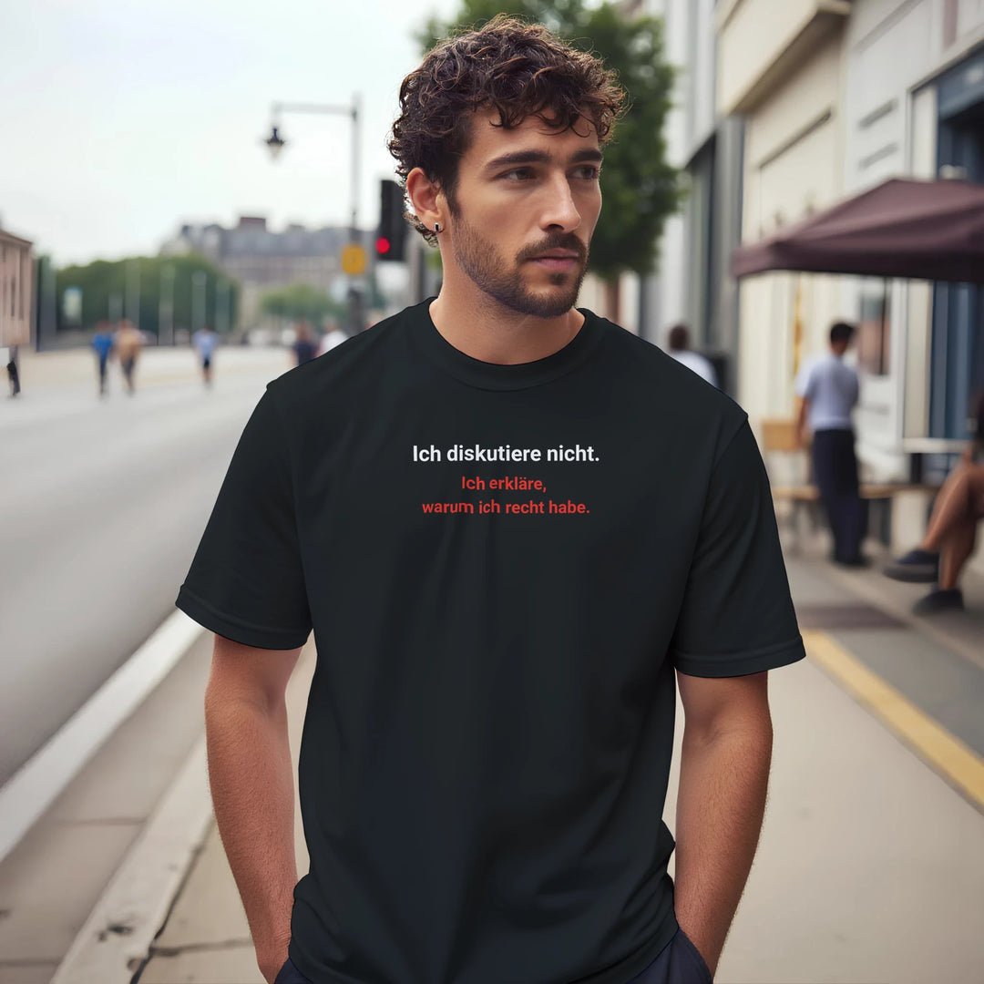 Mann trägt schwarzes T-Shirt mit Spruch &