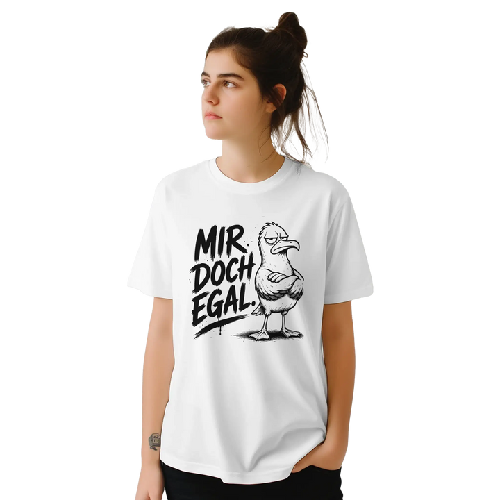 Frau mit Dutt im Studio, weißes T-Shirt mit Spruch-Print, Blick zur Seite
