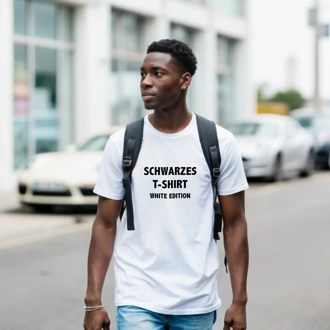 Mann mit Rucksack läuft durch Stadtstraße, trägt weißes T-Shirt mit Aufdruck