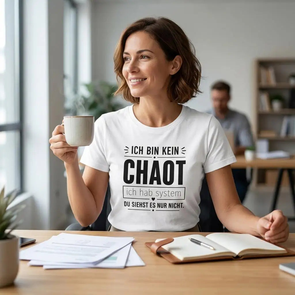 Frau trägt weißes „Ich bin kein Chaot“ T-Shirt mit Kaffeetasse am Schreibtisch