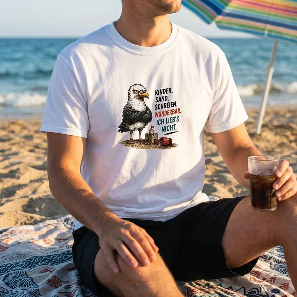 Mann sitzt am Strand mit Getränk in der Hand, weißes T-Shirt mit Möwen-Spruch „Kinder. Sand. Schreien. Ich lieb's nicht.“