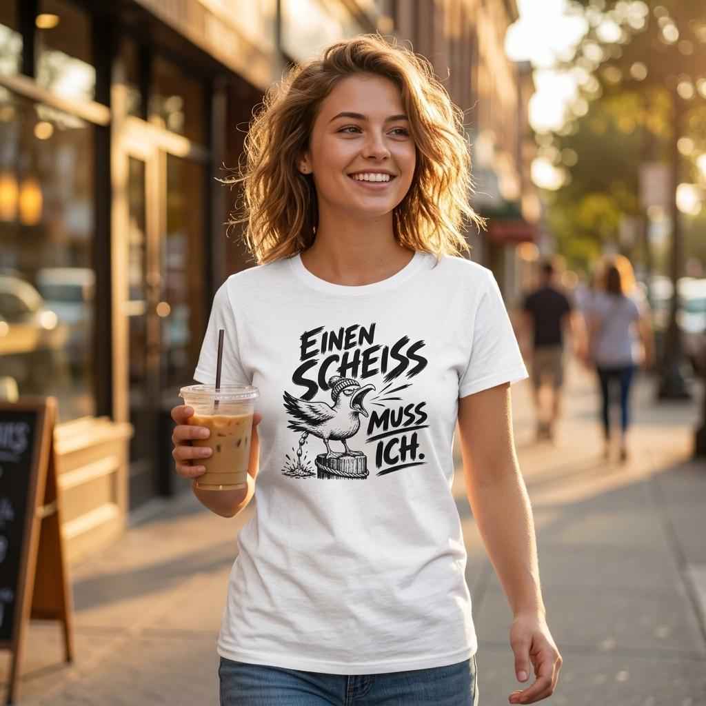 Lächelnde Frau mit Eiskaffee trägt das Möwen-Shirt 'Einen Scheiß muss ich.' auf sonniger Straße