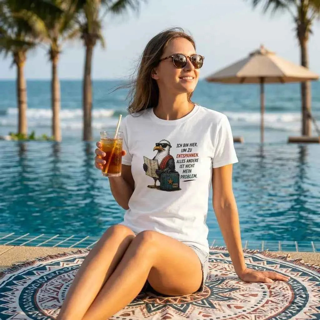 Weißes T-Shirt 'Ich bin hier, um zu entspannen': Frau sitzt mit Drink am Pool, Palmen im Hintergrund.