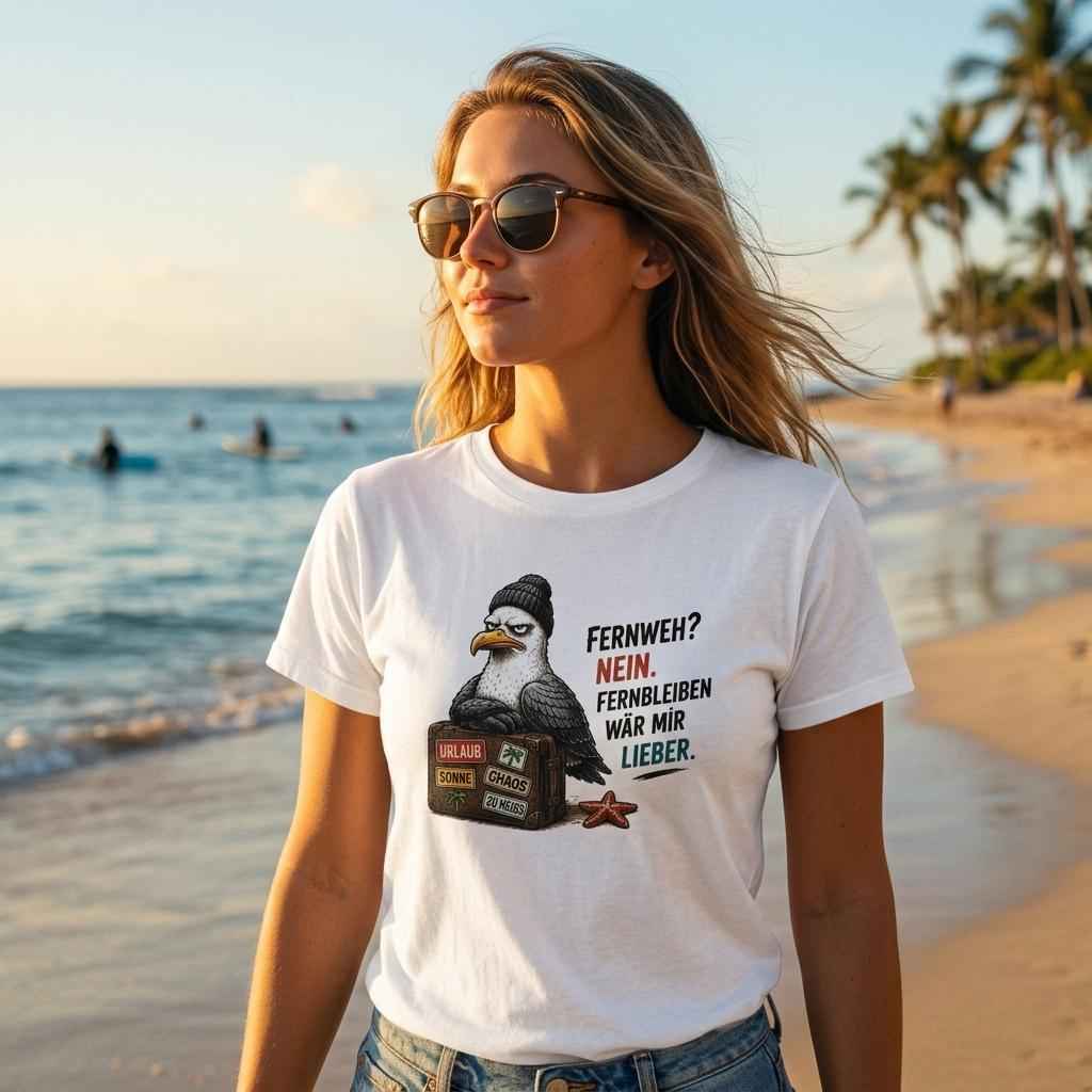 Weißes T-Shirt 'Fernweh? Nein. Fernbleiben wär mir lieber.': Frau mit Sonnenbrille am Strand, Surfer im Hintergrund.