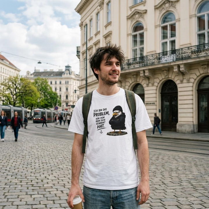 Mann mit Rucksack und Kaffeebecher trägt das T-Shirt auf Wiener Kopfsteinpflasterplatz