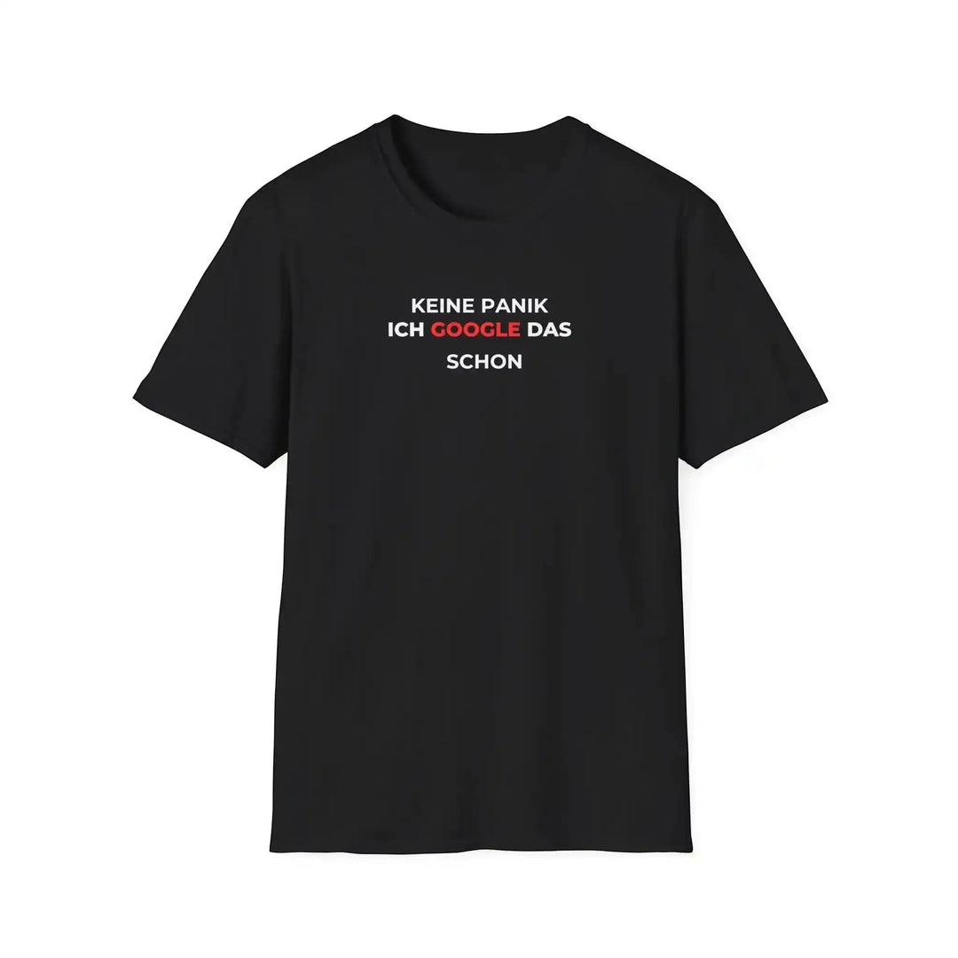 Schwarzes T-Shirt mit IT-Spruch „Keine Panik ich google das schon“ als Flatlay-Produktfoto von vorne