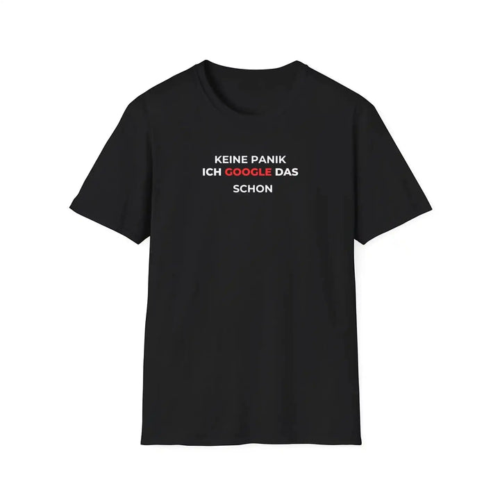 Schwarzes T-Shirt mit IT-Spruch „Keine Panik ich google das schon“ als Flatlay-Produktfoto von vorne