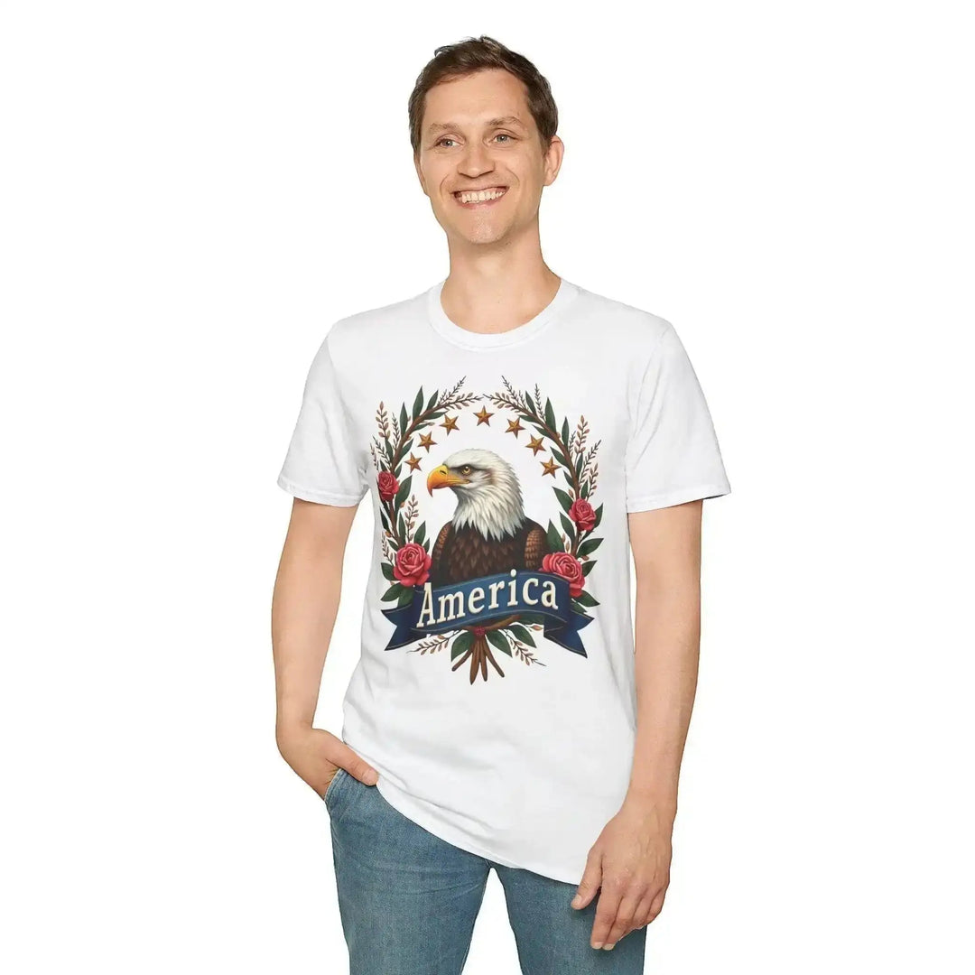 KlareAnsage T-Shirt aus Baumwolle mit floralem American Eagle Aufdruck und America Schriftzug an einem Mann