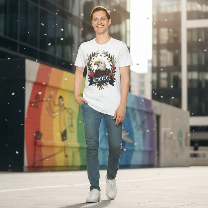 KlareAnsage T-Shirt mit floralem American Eagle Motiv und America Schriftzug an einem lächelnden Mann in Jeans