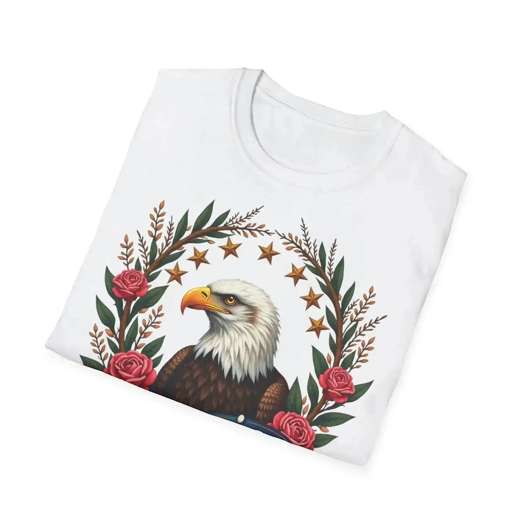 KlareAnsage T-Shirt aus Baumwolle mit floralem American Eagle Design und Sternenkranz auf weißem Stoff