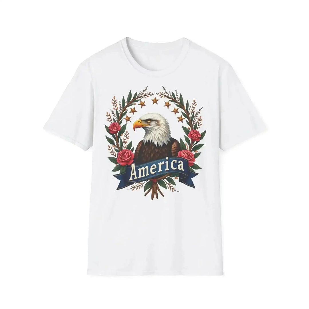 Weißes KlareAnsage T-Shirt aus Baumwolle mit floralem American Eagle Design und America Schriftzug auf der Brust.